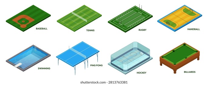 Athletic game arenas types. Sport fields layouts. Isometric baseball and tennis, rugby and handball, swimming and ping pong, hockey and billiard. Vector structured tournament environments