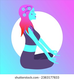 An athletic girl with blue hair is practicing yoga, meditating, relaxing. A woman is calming down, taking care of her health and looking after herself. Flat vector illustration