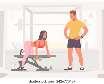 Chica atlética haciendo entrenamiento deportivo individual con un entrenador en el gimnasio. Ilustración vectorial en estilo plano