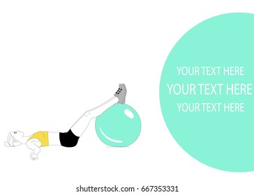 Athletic girl doing pilates exercises with a ball. Exercises on fit ball. Place for your inscription. Ready template for your design. Vector