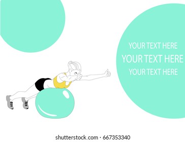 Athletic girl doing pilates exercises with a ball. Exercises on fit ball. Place for your inscription. Ready template for your design. Vector
