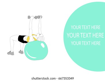 Athletic girl doing pilates exercises with a ball. Exercises on fit ball. Place for your inscription. Ready template for your design. Vector