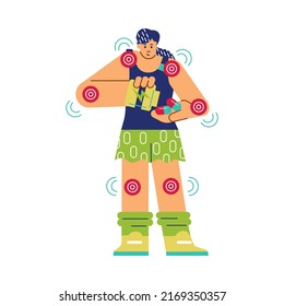 Athletic girl eating pills for energy flat style, vector illustration isolated on white background. Sport supplements concept, joints marked with target