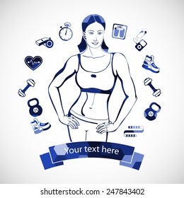 Athletic girl. Fitness sport icon collection premium in flat style, healthy lifestyles