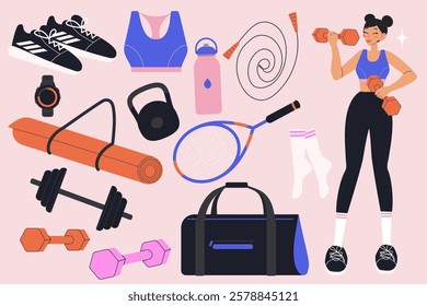 Athletic girl with gym accessory set. Workout equipments, yoga mat, sportswear and bag. Modern isolated vector illustration.