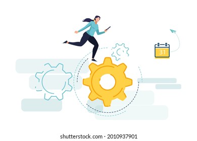 Athletic girl on a treadmill with a phone, business. Concept of achieving business goal, business woman winner. Green and yellow design, background. Social digital network. Vector illustration, icons
