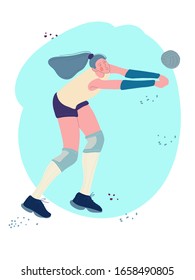 Athletic girl playing volleyball. Cartoon drawing drawn by hand. Healthy lifestyle. Active sport.