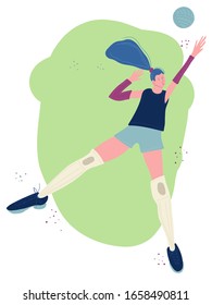 Athletic girl playing volleyball. Cartoon drawing drawn by hand. Healthy lifestyle. Active sport.