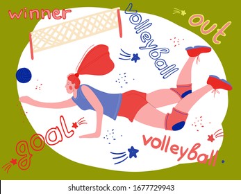 Athletic girl playing volleyball. Cartoon drawing drawn by hand. Healthy lifestyle. Active sport.