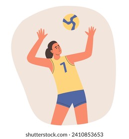 Athletic girl playing volleyball. Competition and achievement. Flat vector illustration. Paris 2024.