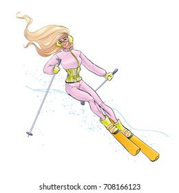 Athletic Girl skier descends, rides on the snow slope of the mountain on skis. Olympic Extreme sport. Winter rest, in the cold season, Christmas holidays New Year's vacations, isolated vector