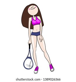 Athletic girl in sports uniform with a tennis racket in hand, cartoon character, color illustration in vector