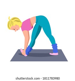 Athletic girl stands on the Mat and makes a bend to the leg . Flat vector illustration for a sports Studio on a white background.