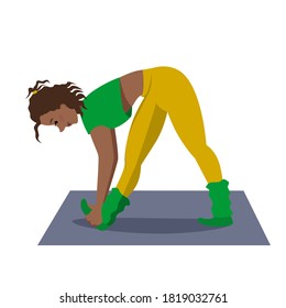 Athletic girl stands on the Mat and makes a bend to the leg . Flat vector illustration for a sports Studio on a white isolated background.