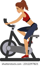 Athletic Girl Trains on an Exercise Bike. Healthy lifestyle. Vector illustration. Sports and Fitness