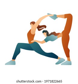 Athletic girls do a joint asana, a pair stretch with support on a white background. Women play yoga sports, modern design.