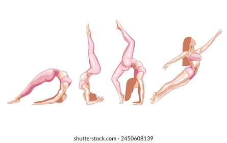 Athletic Girls illustration, Yoga Poses. Women Practice yoga. Sport, fitness and gymnastics. Hand drawn vector art work isolated on white background