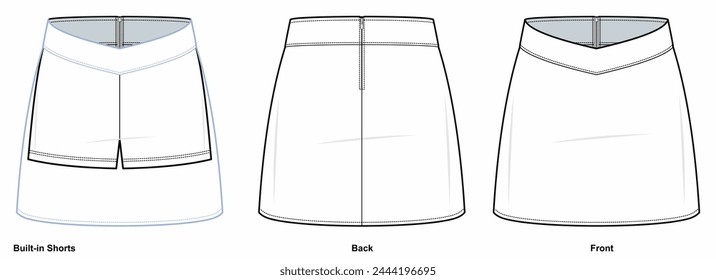 Athletic Golf Skorts Skirts technical fashion illustration. Tennis Skirt vector template illustration. Inner, front and back view. V waist. High Waisted. white color. CAD mockup set.