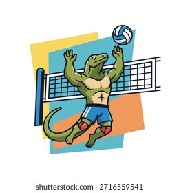 Um personagem lagarto verde atlético é retratado no ar, cravando uma bola de vôlei sobre uma rede, situado contra um fundo vibrante e abstrato.