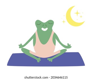 An athletic green toad in an athletic uniform meditates on a rug. Vector flat illustration.