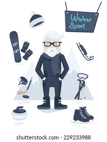Athletic grey-haired old man standing surrounded by winter sport equipment and gear for skiing, ice hockey, ice skating, curling and snowboarding in a concept of an active healthy retirement, vector
