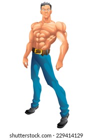 Athletic guy character design posing, jeans