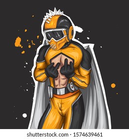 Athletic guy in a superhero costume and a helmet with spikes. Inflated man in fashionable clothes. Fashion and style, sport.