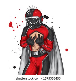 Athletic guy in a superhero costume and a helmet with spikes. Inflated man in fashionable clothes. Fashion and style, sport. Vector illustration for oktyrka or poster, print on clothes.