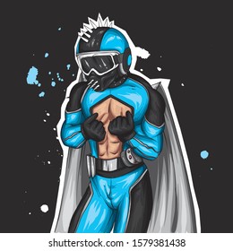 Athletic guy in a superhero costume and a helmet with spikes. Inflated man in fashionable clothes. Fashion and style, sport. Vector illustration for oktyrka or poster, print on clothes.