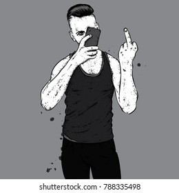 Athletic guy in a T-shirt and pants. A man is making a selfie with a smartphone. Vector illustration for a postcard or a poster, print for clothes. Fashion & Style. Fucked your opinion.
