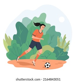Athletic happy beautiful girl soccer player kicking the ball. Woman playing football outdoors. Colorful art female character with greenery nature isolated on white background. Vector illustration.