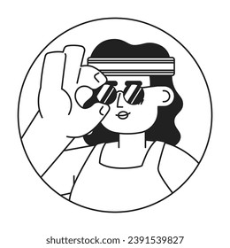 Athletic headband latina wearing sunglasses black and white 2D vector avatar illustration. Fashionable latinamerican outline cartoon character face isolated. Express yourself flat user profile image