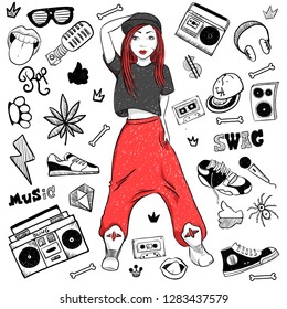 Athletic Hip Hop Girl With Rap Doodle Elements In Cap, Wide Pants, Sneakers. Handmade Vector Illustration