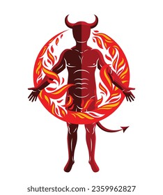 Athletic horned man surrounded by a fireball. Vector illustration of mystic infernal demon, evil Lucifer.