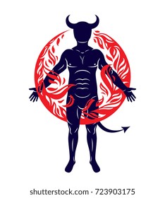 Athletic horned man surrounded by a fireball. Vector illustration of mystic infernal demon, evil Lucifer.