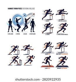 Athletic hurdles and hammer throw technique illustration , And, international sports event, multi sport competition, athletics championship, sports tournament, Commonwealth Games