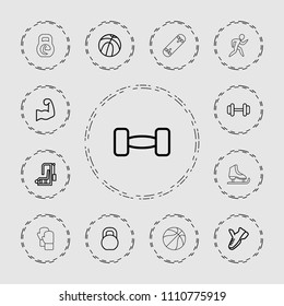 Athletic icon. collection of 13 athletic outline icons such as basketball, gym equipment, barbell, muscular arm, trainers. editable athletic icons for web and mobile.