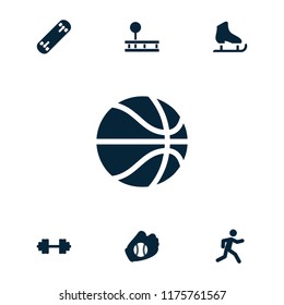 Athletic icon. collection of 7 athletic filled icons such as running, baseball glove, barbell   isolated, basketball, ice skate. editable athletic icons for web and mobile.