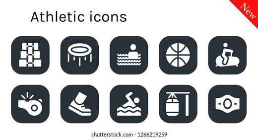  athletic icon set. 10 filled athletic icons. Simple modern icons about  - Dumbbell, Trampoline, Swimming pool, Basketball, Stationary bike, Whistle, Running, Swimming, Punching bag