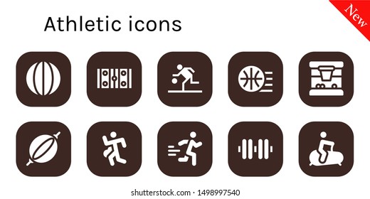 athletic icon set. 10 filled athletic icons.  Simple modern icons about  - Volleyball, Hockey pitch, Basketball, Punching bag, Run, Runner, Dumbbell, Stationary bike