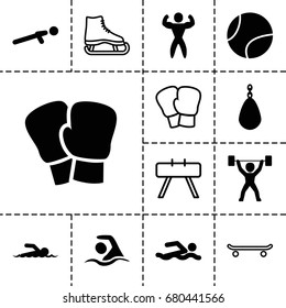 Athletic icon. set of 13 filled and outline athletic icons such as push up, swimming, bodybuilder, power lifter, tennis ball, swimmer, boxing gloves, swimming man, boxing bag