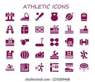  athletic icon set. 30 filled athletic icons. Simple modern icons about  - Barbell, Sport shoes, Baseball, Dumbbell, Punching bag, Shin guards, Hockey pitch, Swimming pool, Swimming