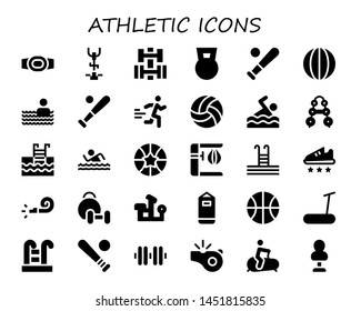 athletic icon set. 30 filled athletic icons.  Simple modern icons about  - Champion belt, Stationary bike, Dumbbell, Baseball, Volleyball, Swimming pool, Runner, Swimming, Barbell