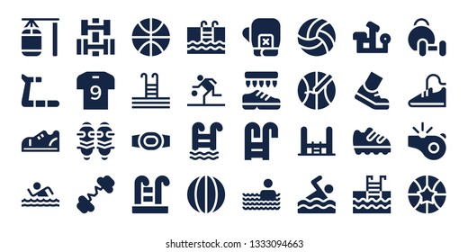athletic icon set. 32 filled athletic icons. on blue background style Simple modern icons about  - Punching bag, Treadmill, Sneakers, Swim, Dumbbell, Soccer jersey, Shin guards
