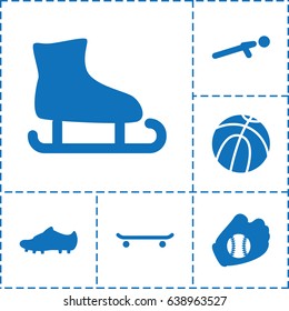 Athletic icon. set of 6 athletic filled icons such as push up, soccer trainers, baseball glove, basketball, skating