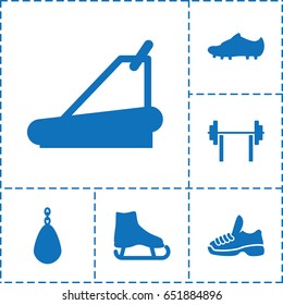 Athletic icon. set of 6 athletic filled icons such as treadmill, soccer trainers, trainers, ice skate, barbell