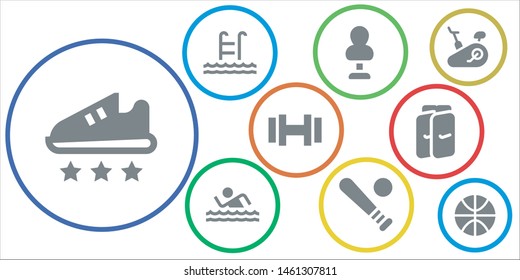 athletic icon set. 9 filled athletic icons.  Collection Of - Sport shoe, Swim, Punching bag, Baseball, Dumbbell, Shin guards, Stationary bike, Basketball