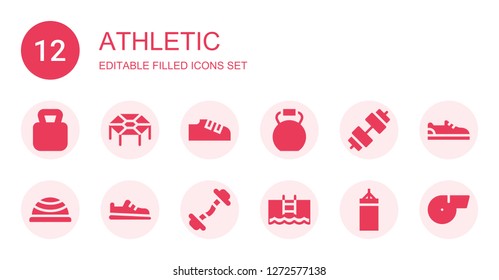 athletic icon set. Collection of 12 filled athletic icons included Kettlebell, Trampoline, Shoes, Dumbbell, Bosu ball, Shoe, Pool, Punching bag, Whistle