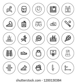 Athletic icon set. collection of 25 outline athletic icons with athlete, barbell, bench press, baseball, basketball jersey, basketball, boxing gloves icons. editable icons.