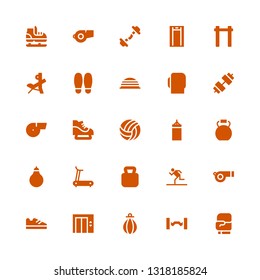 athletic icon set. Collection of 25 filled athletic icons included Boxing gloves, Barbell, Punching bag, Lift, Shoes, Whistle, Running, Kettlebell, Treadmill, Volleyball, Ice skate